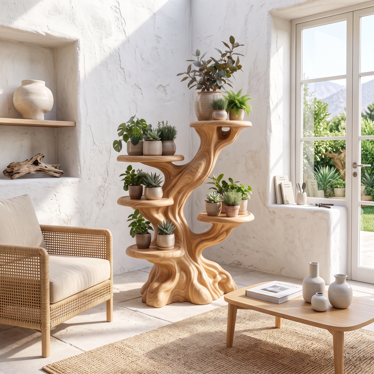 Rustic Sculptural Tree Plant Stand Multi Tier Display For Living Room