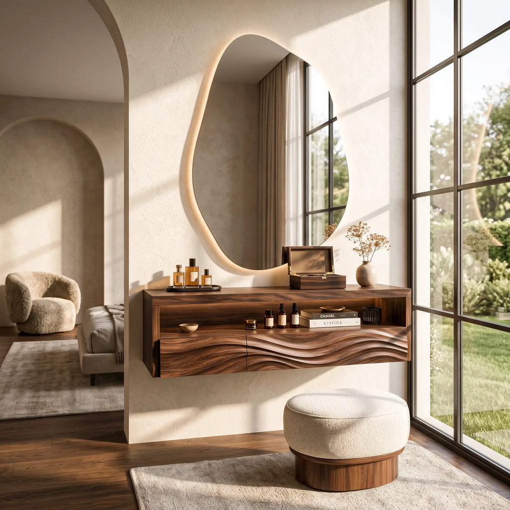 Sculptural Wall Mounted Makeup Vanity Wave Carved Drawers For Bedroom