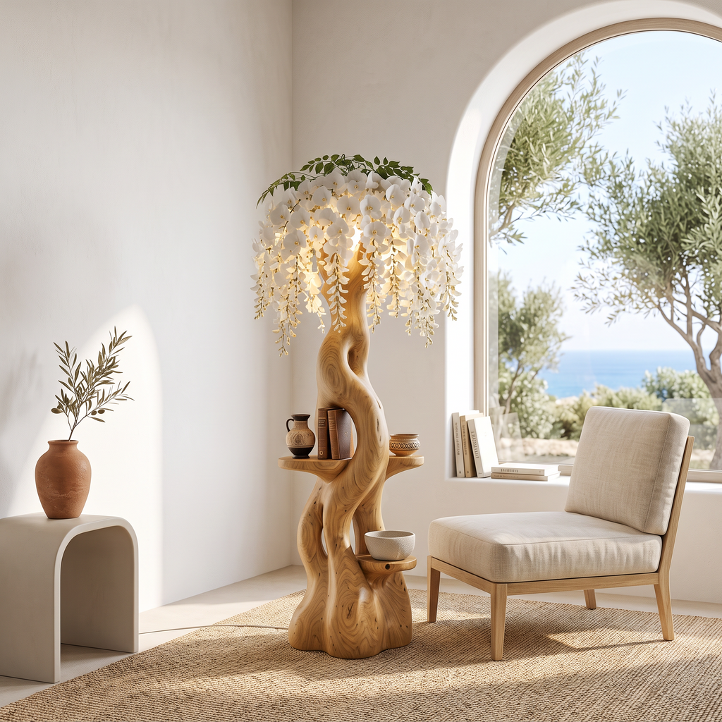 Rustic Wooden Floor Lamp With Sculptural Floral Canopy For Living Room