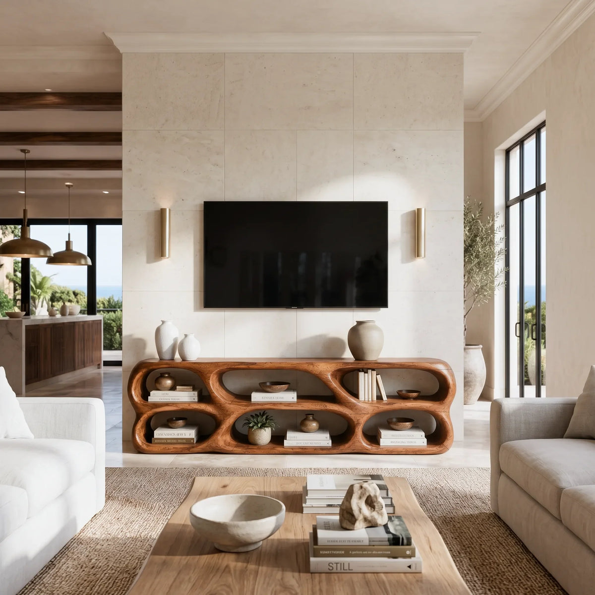 Sculptural TV Stand Rounded Open Shelves For Modern Living Room