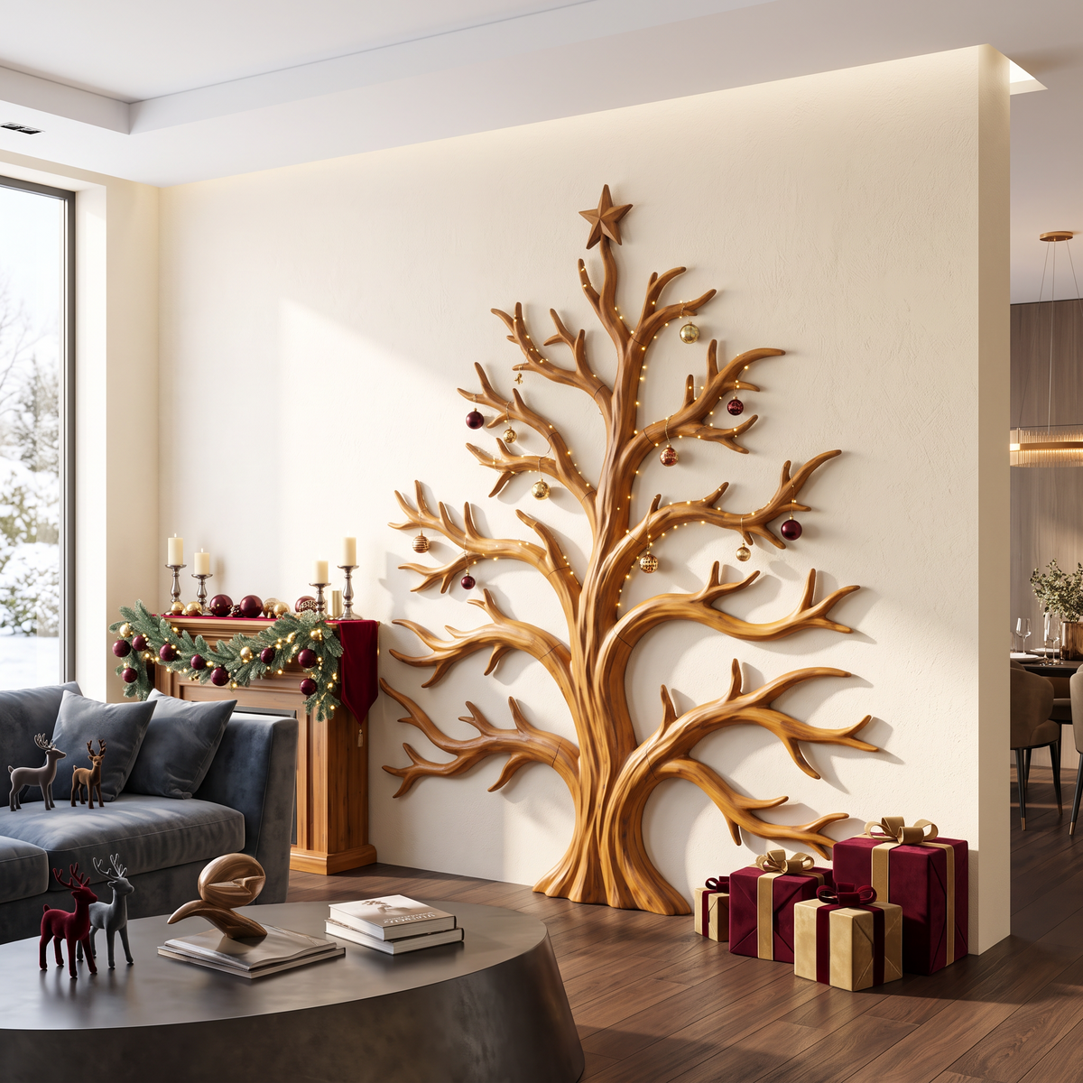 Rustic Christmas Wooden Wall Sculpture With Bare Branch Tree Design For Living Room