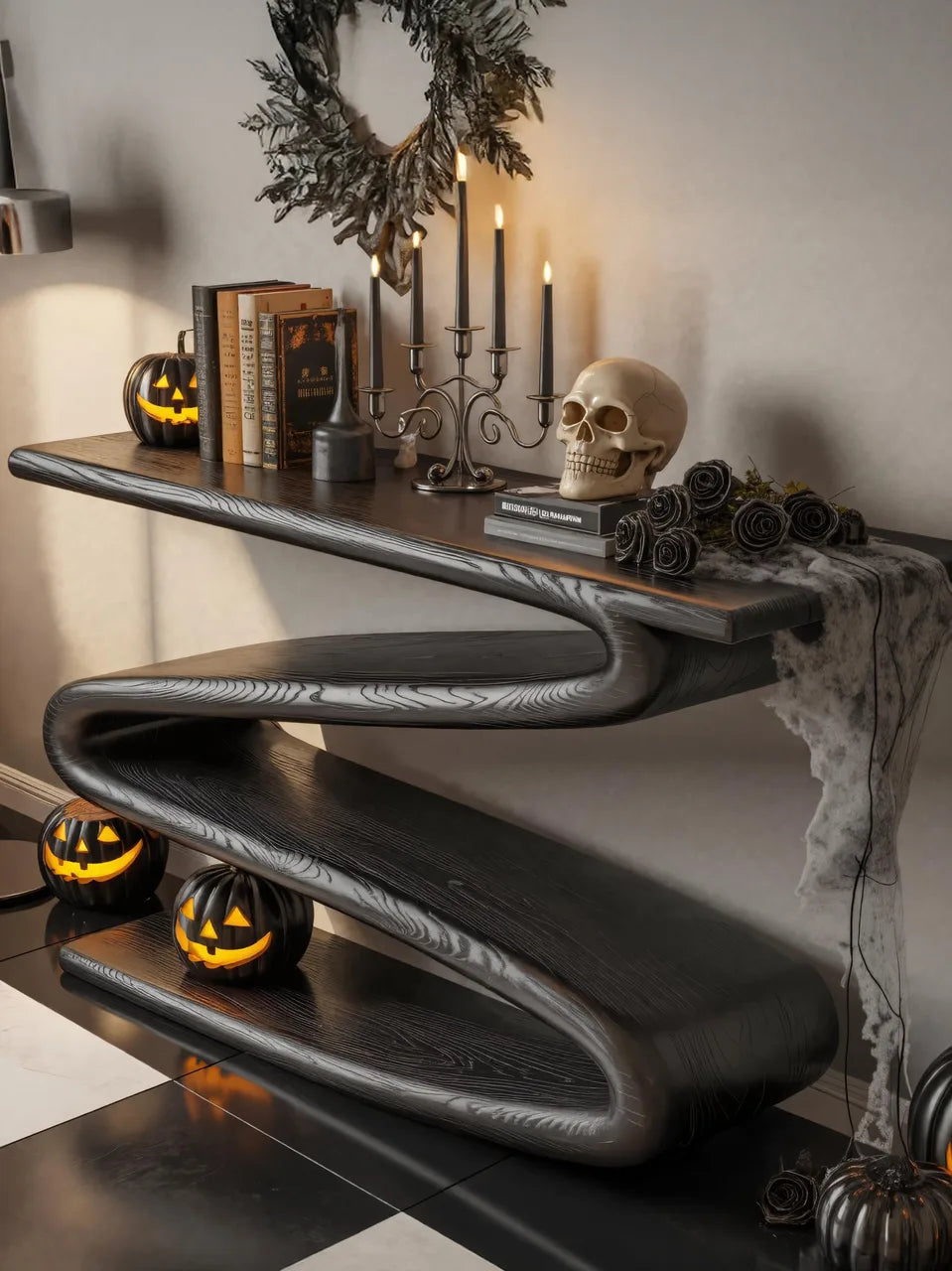 Modern Black Wooden Console Table Curved Design For Halloween Decor