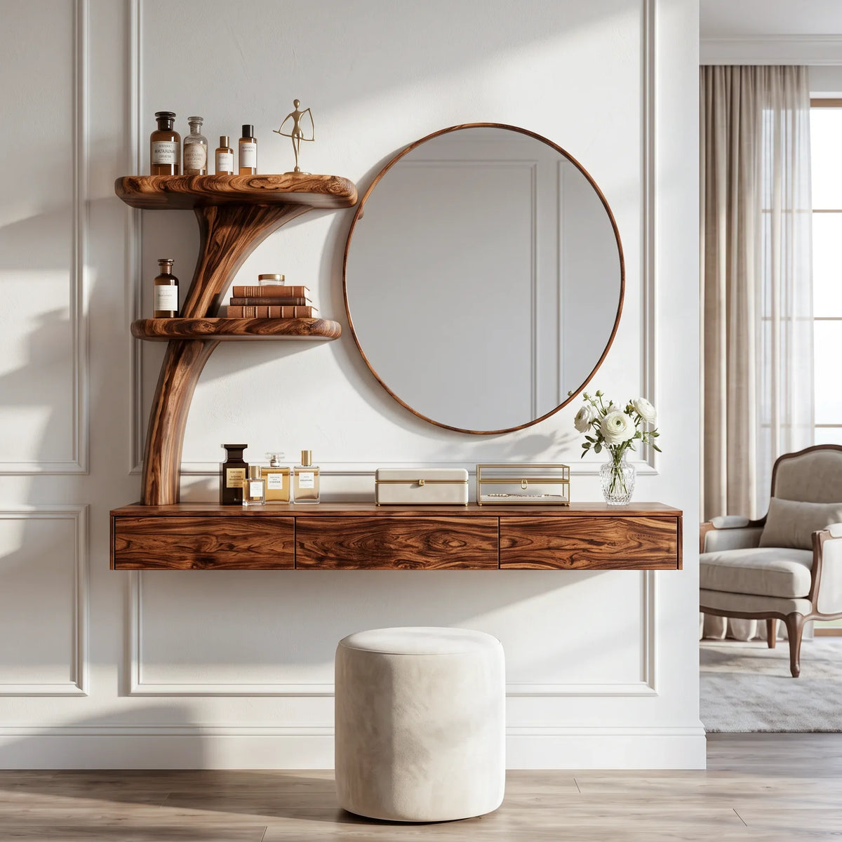Contemporary Wall Mounted Dressing Table Curved Tree Form Shelving For Bedroom