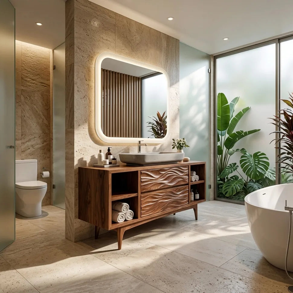 Modern Wave Carved Open Shelf Bathroom Vanity For Master Bathroom
