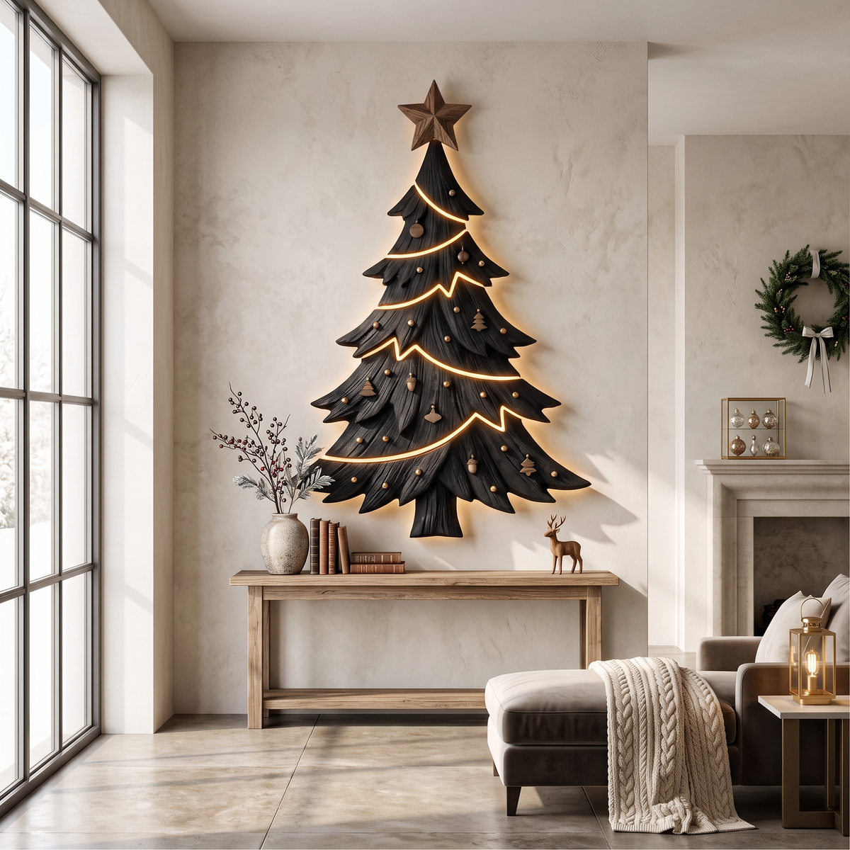 Contemporary Xmas Wall Sculpture With Evergreen Silhouette For Living Room