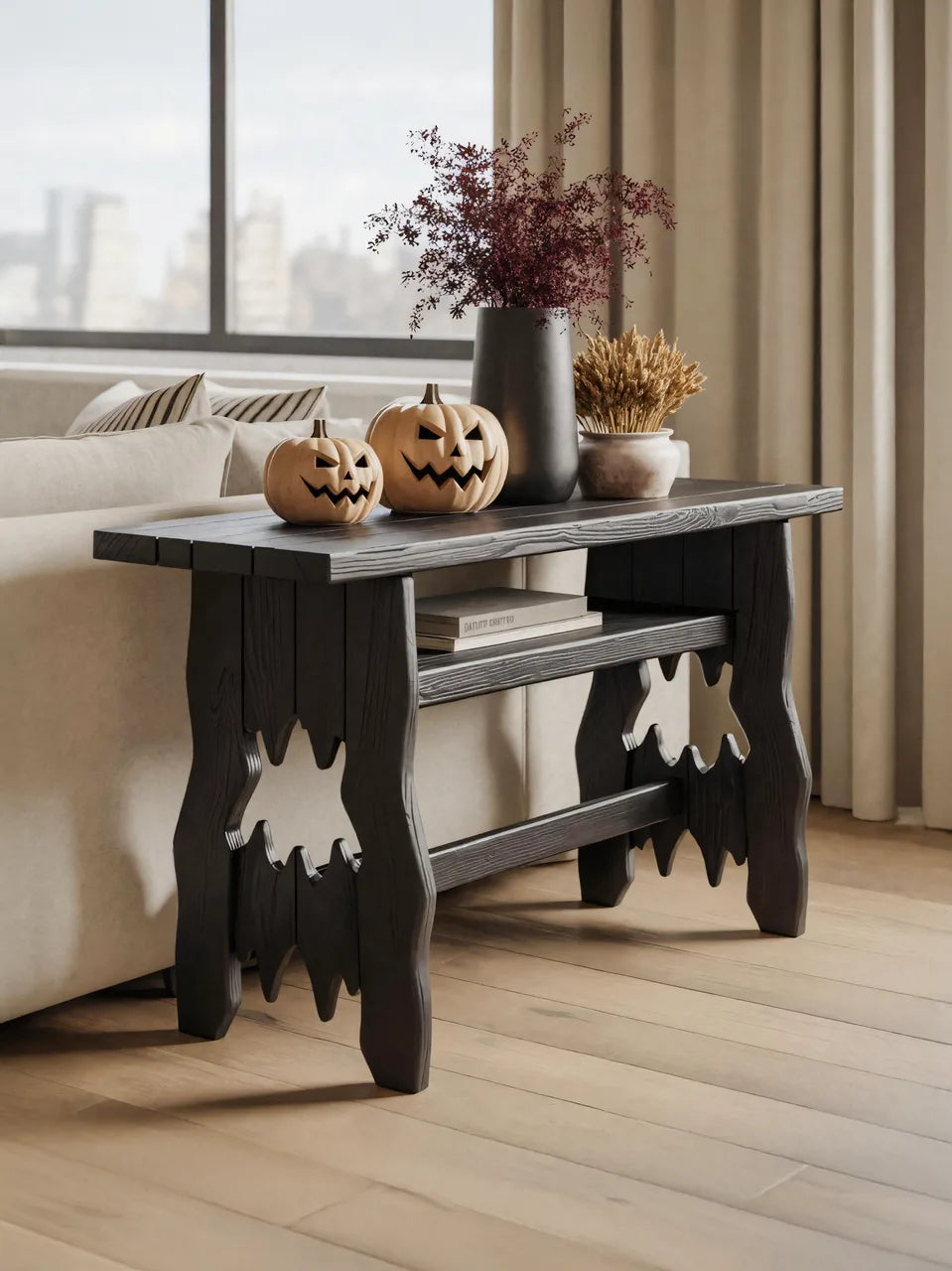 Rustic Black Wooden Console Table For Halloween Entryway Decor