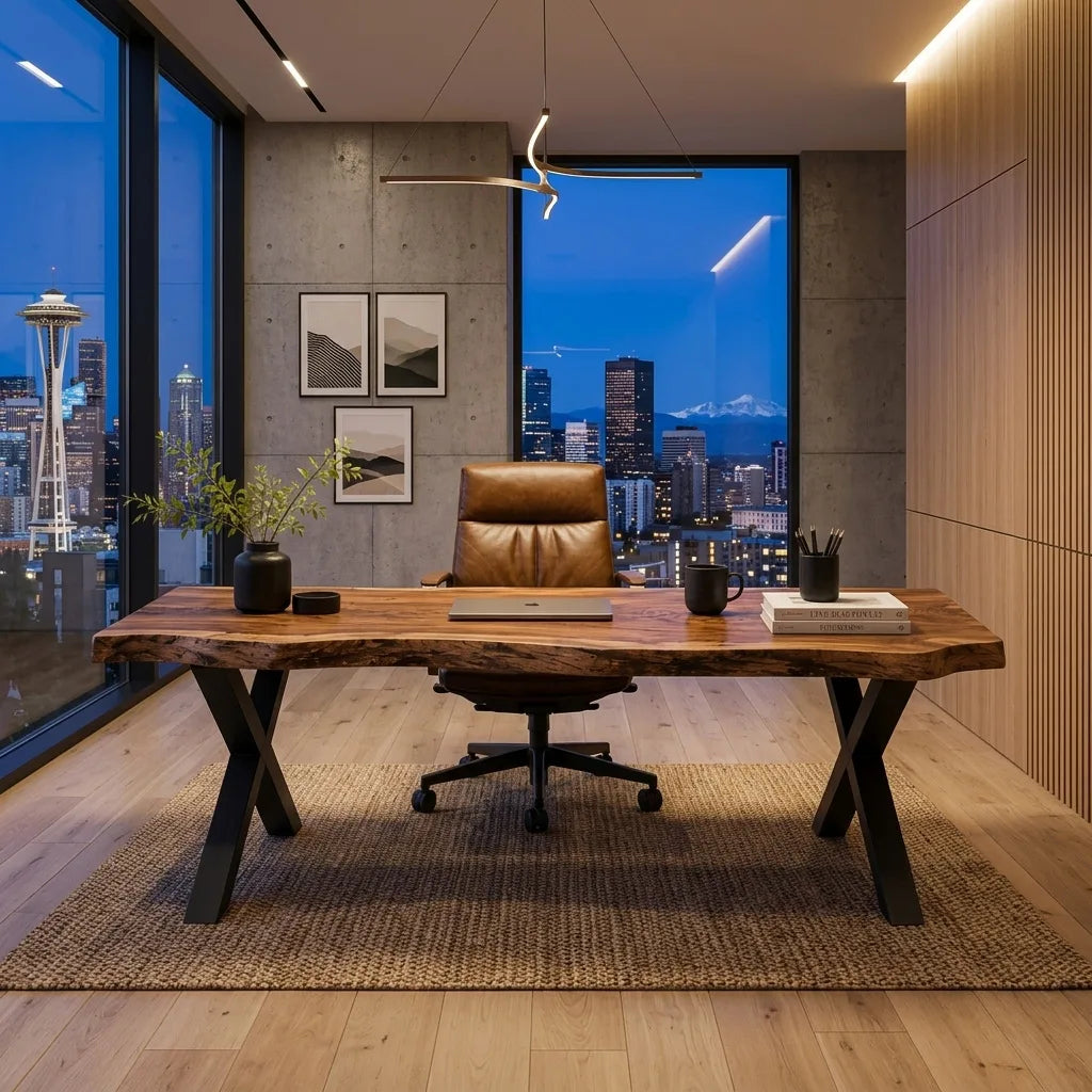 Modern Live Edge Metal Leg Desk For Home Office
