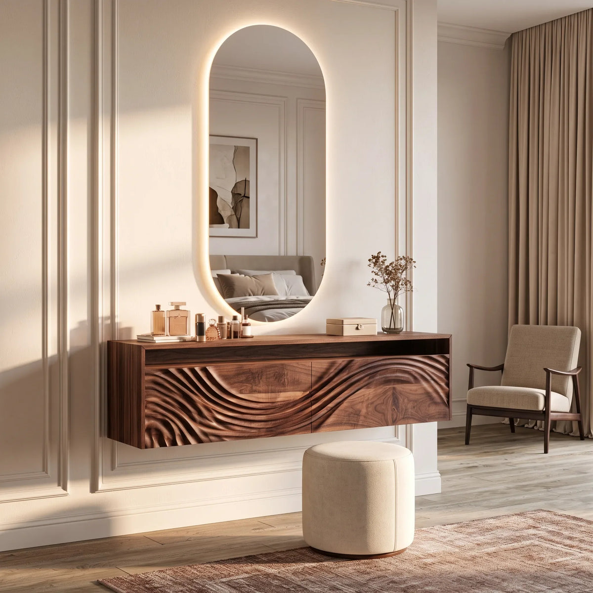 Contemporary Wall Mounted Makeup Vanity Relief Carved Drawers For Bedroom