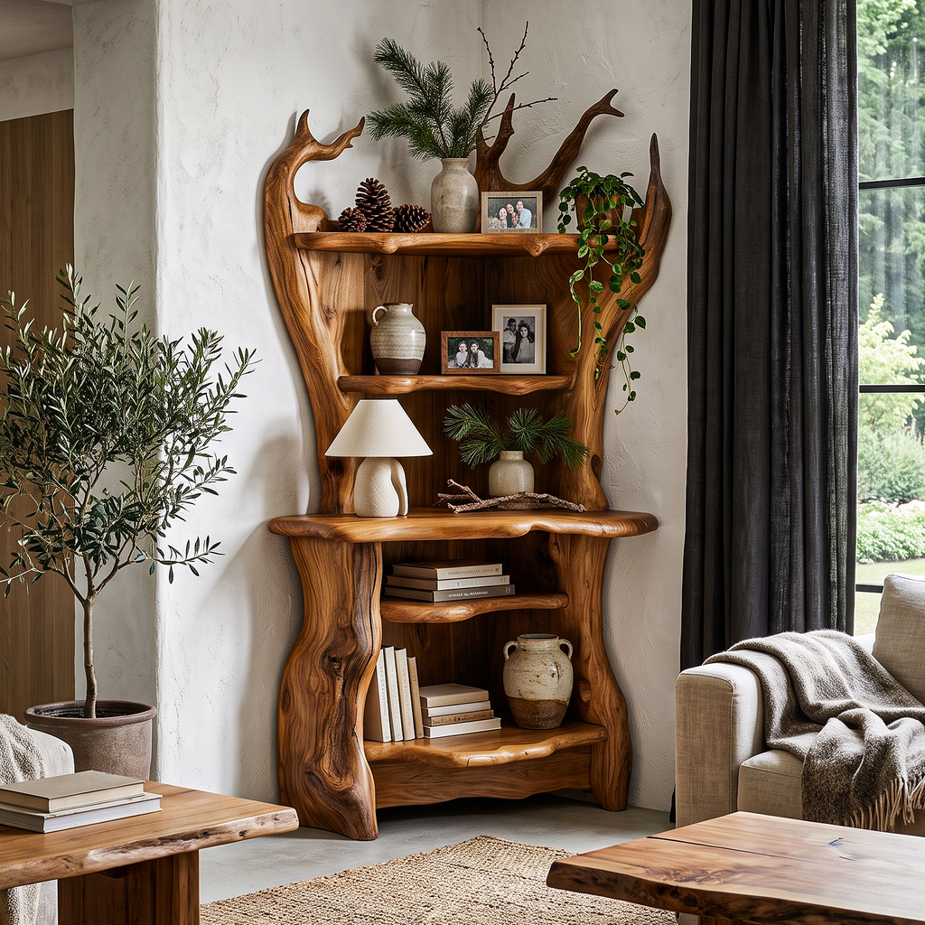 Rustic Corner Bookcase With Live Edge Shelves For Reading Nook