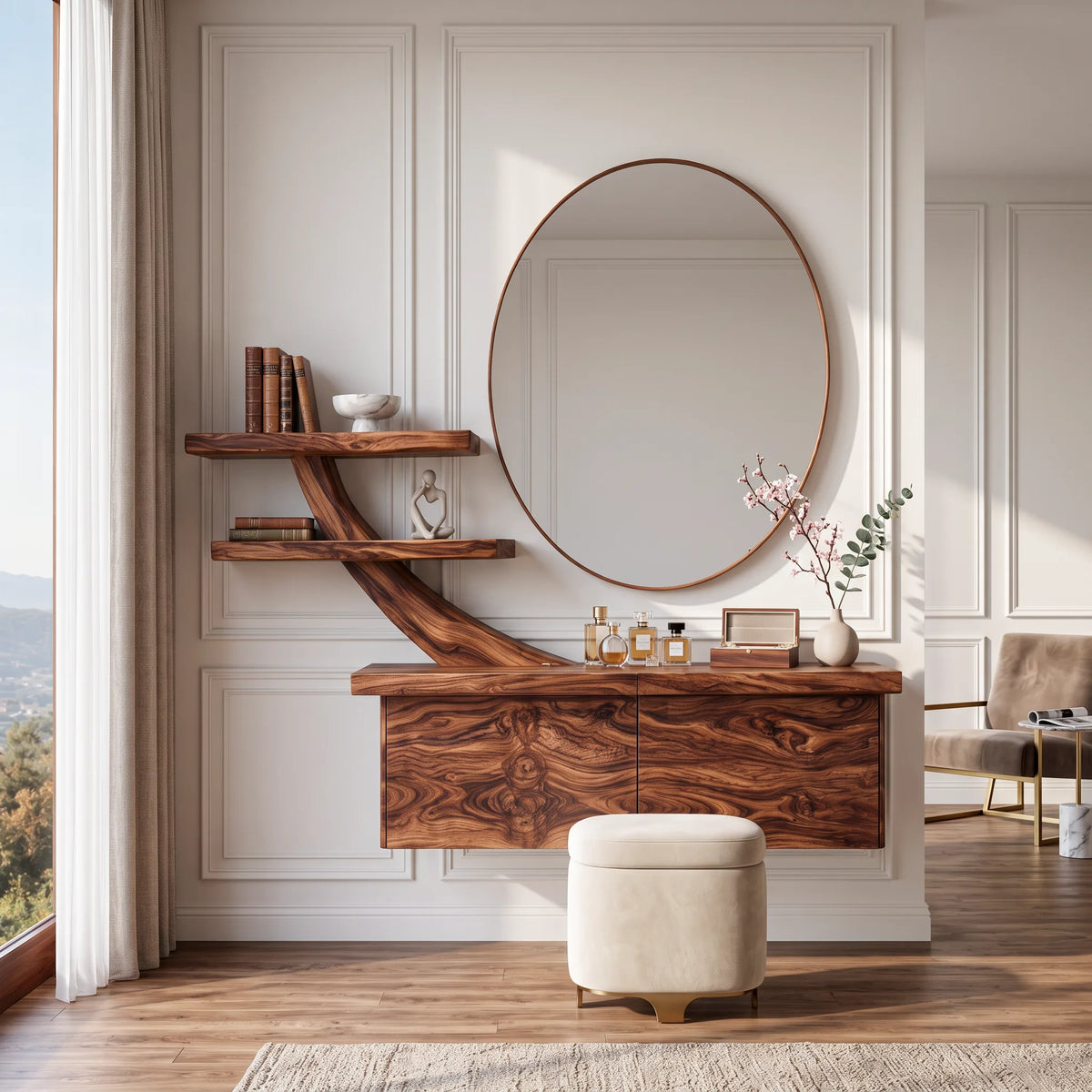 Contemporary Wall Mounted Dressing Table Sculptural Curved Shelving For Bedroom