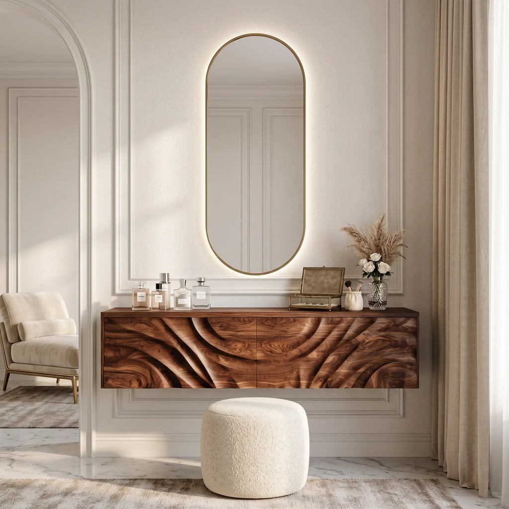 Organic Wall Mounted Dressing Table Carved Drawer Front For Interiors