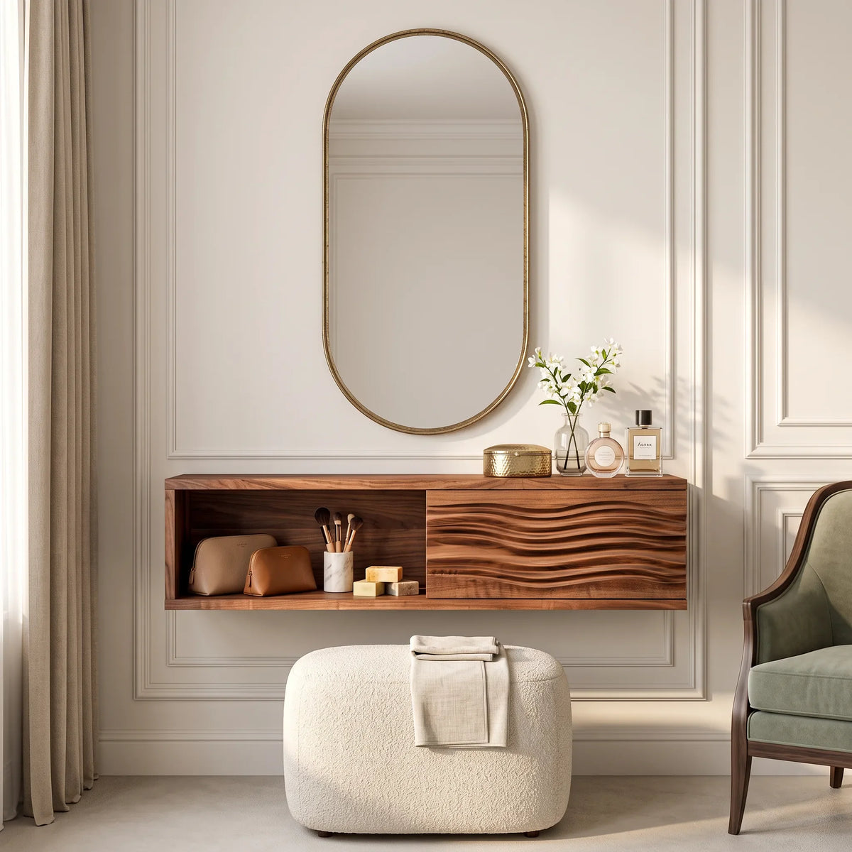 Modern Floating Makeup Vanity Ripple Carved Drawer Front For Bedroom