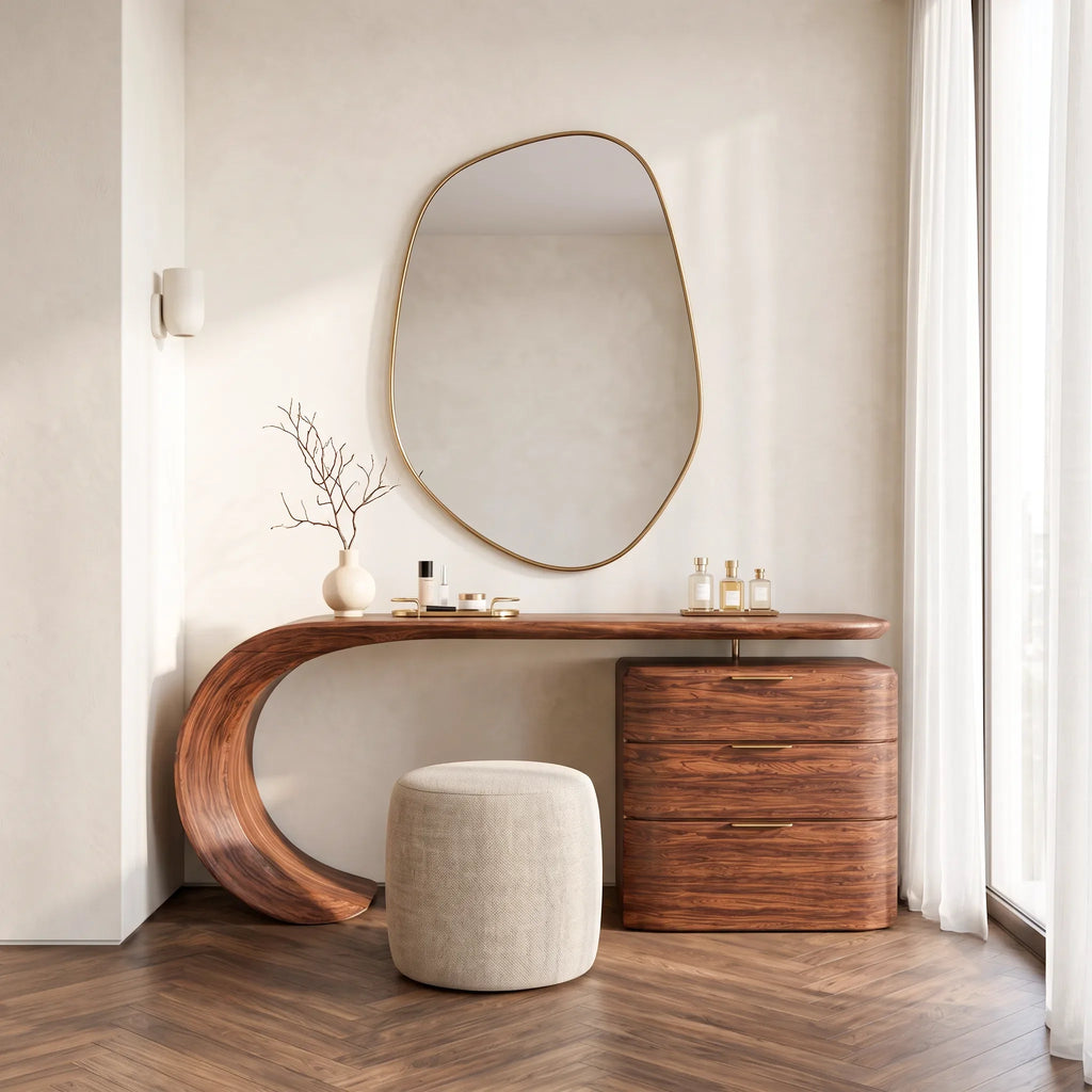 Modern Makeup Vanity Sculptural Curved Base For Luxury Bedroom