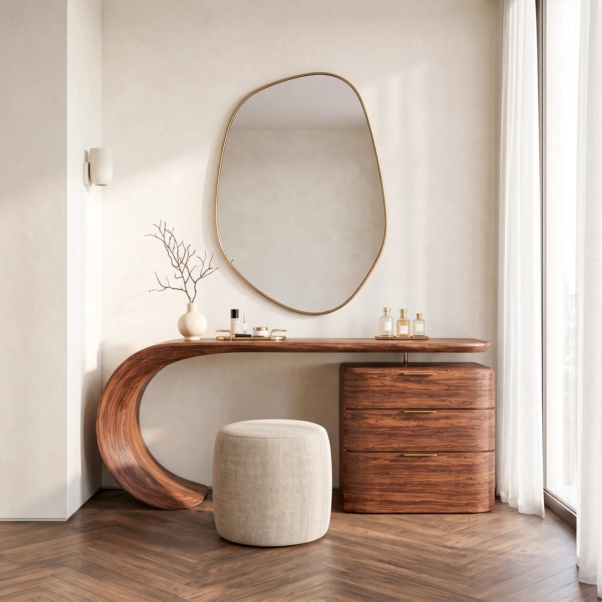 Modern Makeup Vanity Sculptural Curved Base For Luxury Bedroom