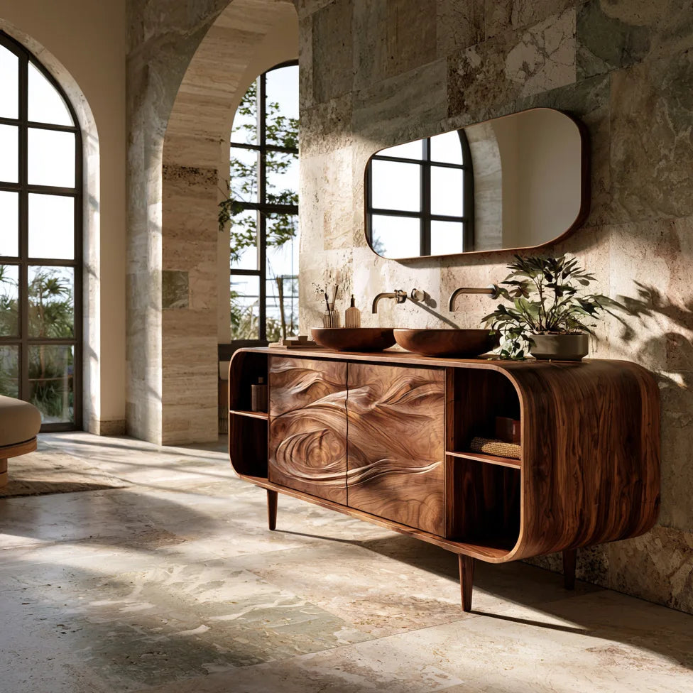Mediterranean Sculptural Carved Bathroom Vanity For Master Bathroom
