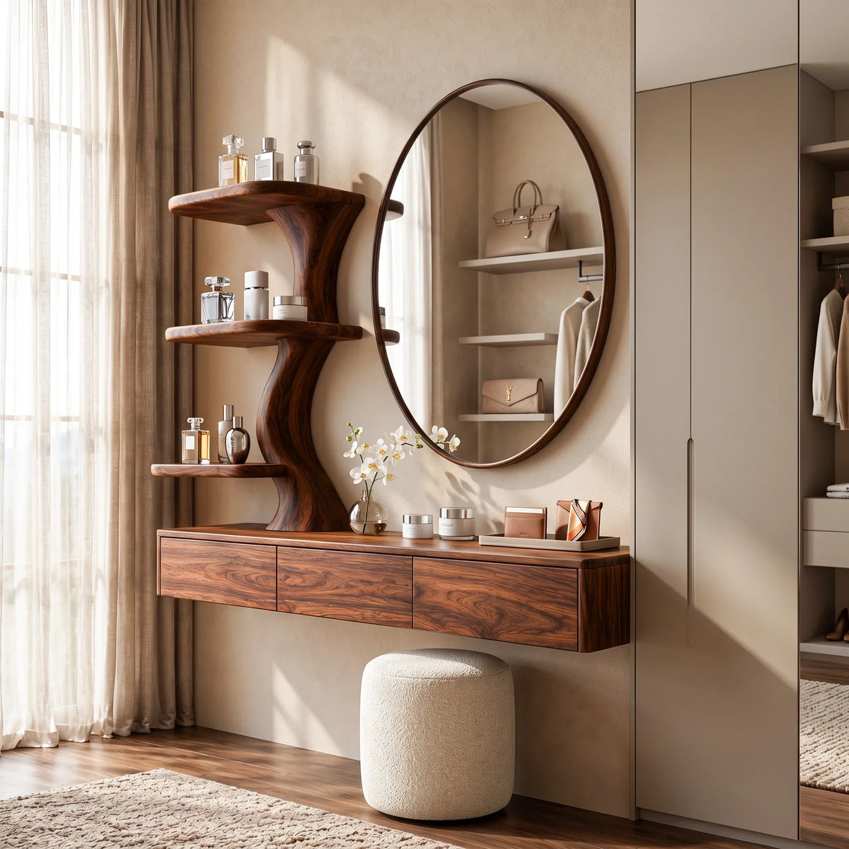 Sculptural Wall Mounted Dressing Table With Floating Drawer For Luxury Bedroom