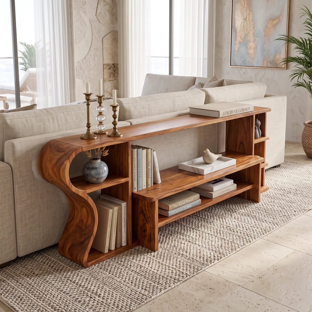 Mid Century Curved Shelf Console For Living Room