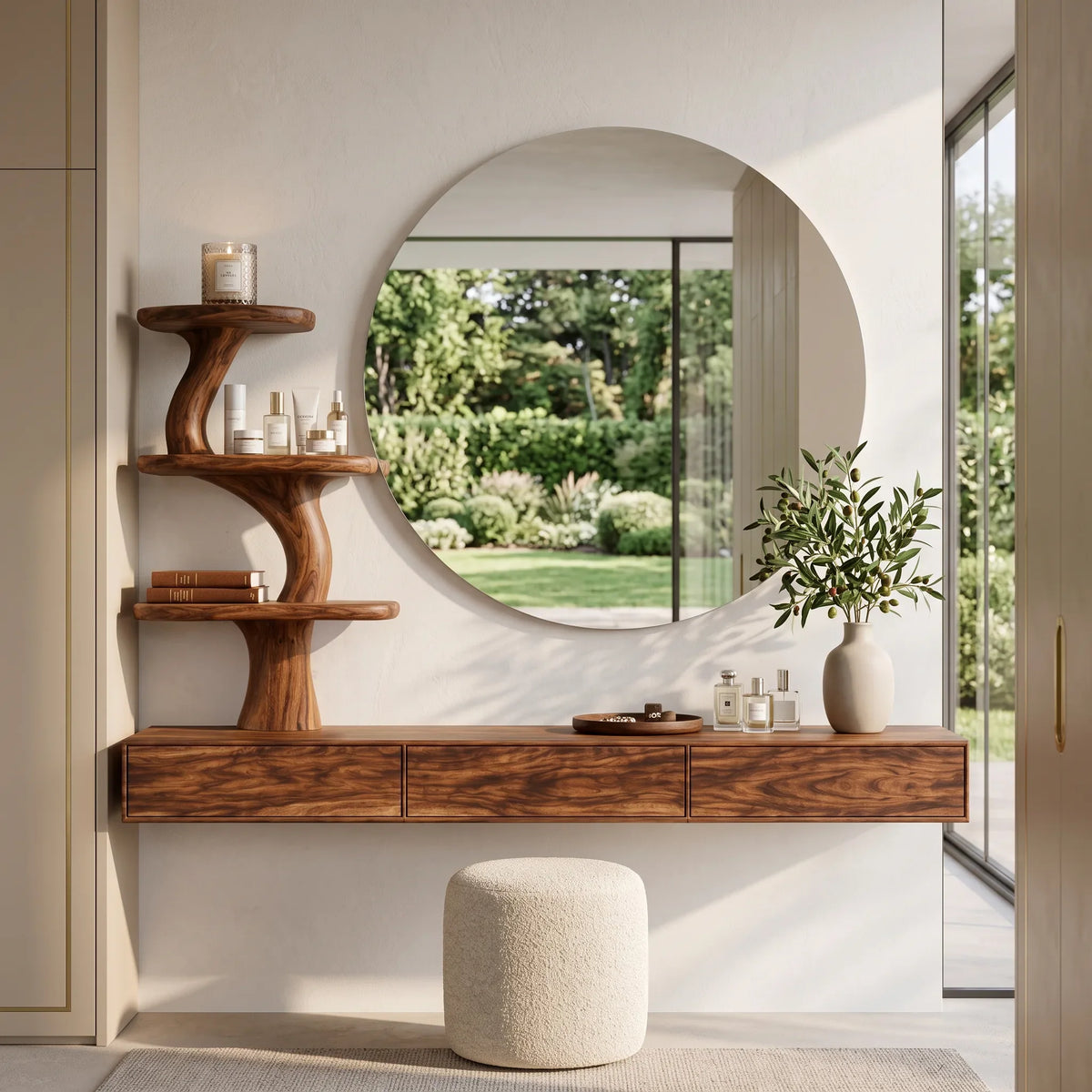 Organic Floating Makeup Vanity With Tree Form Shelve For Bedroom