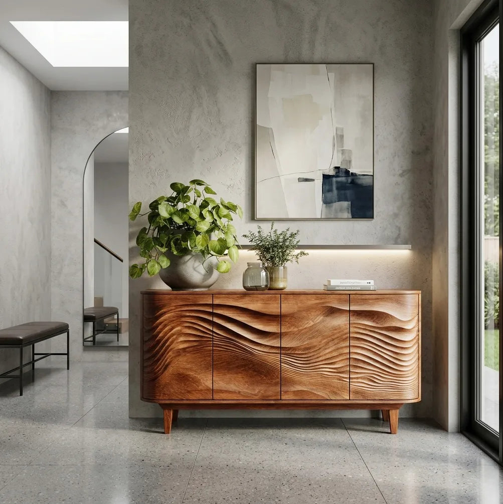 Modern Layered Wave Carved Sideboard For Living Room