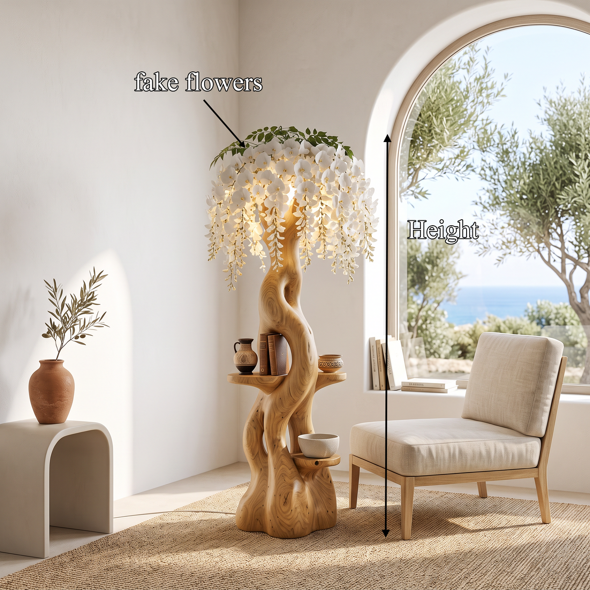 Rustic Wooden Floor Lamp With Sculptural Floral Canopy For Living Room