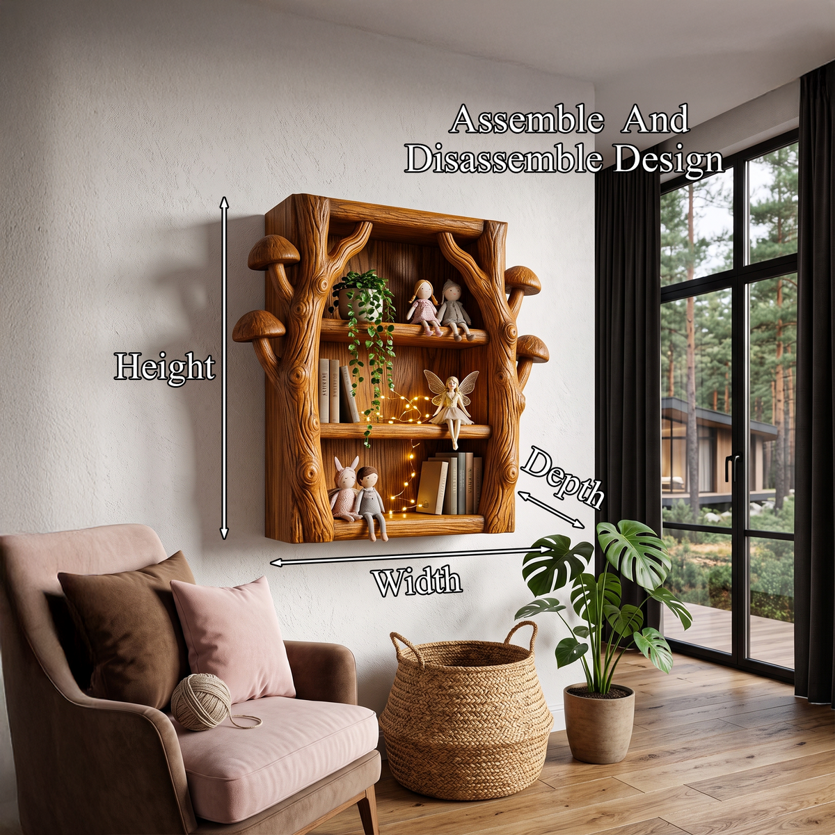Modern Wall Bookshelf Handcrafted Tree Branch Design For Living Room