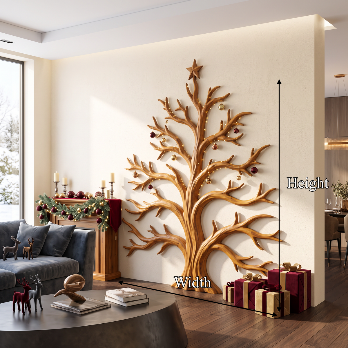 Rustic Christmas Wooden Wall Sculpture With Bare Branch Tree Design For Living Room