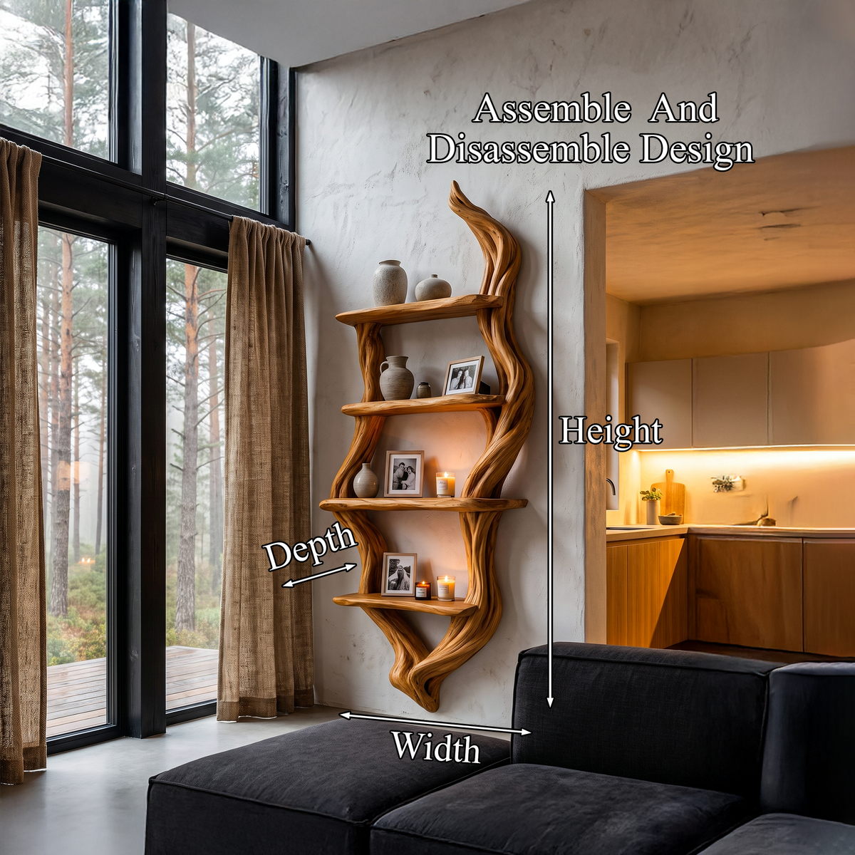 Rustic Wall Bookshelf Handcrafted Tree Branch Design For Living Room