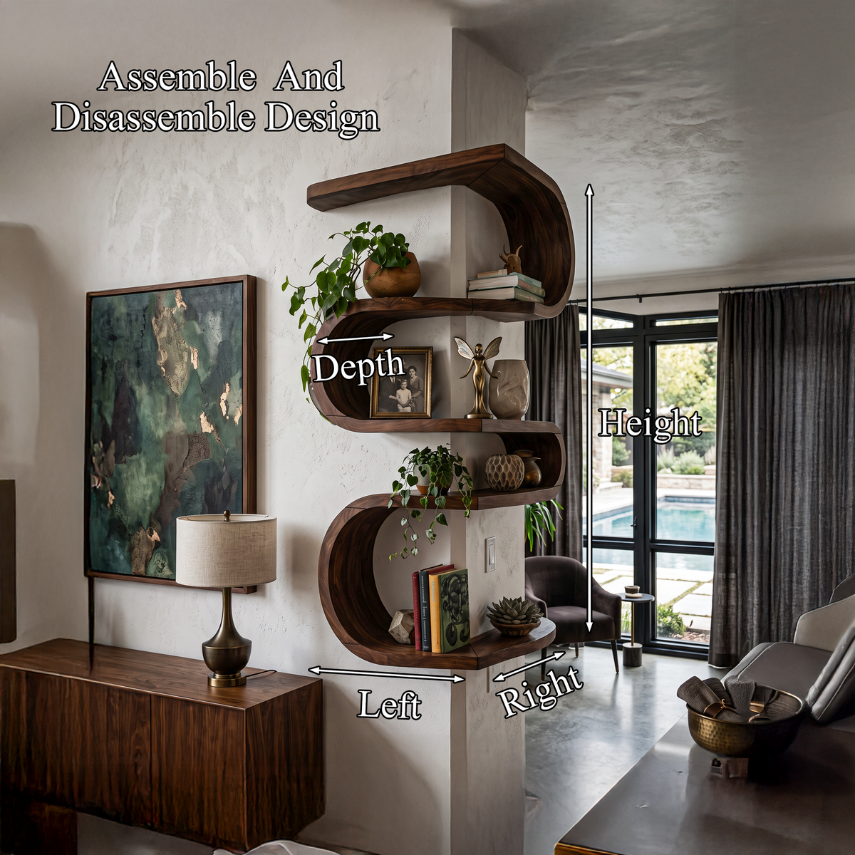 Sculptural Corner Wall Bookshelf Handcrafted Curved Design For Living Room