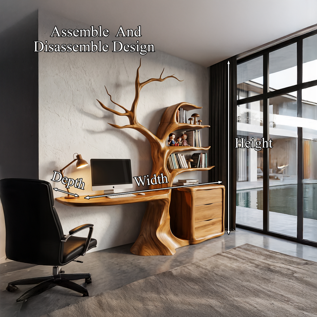 Natural Floating Desk With Sculptural Tree Bookshelf For Home Office