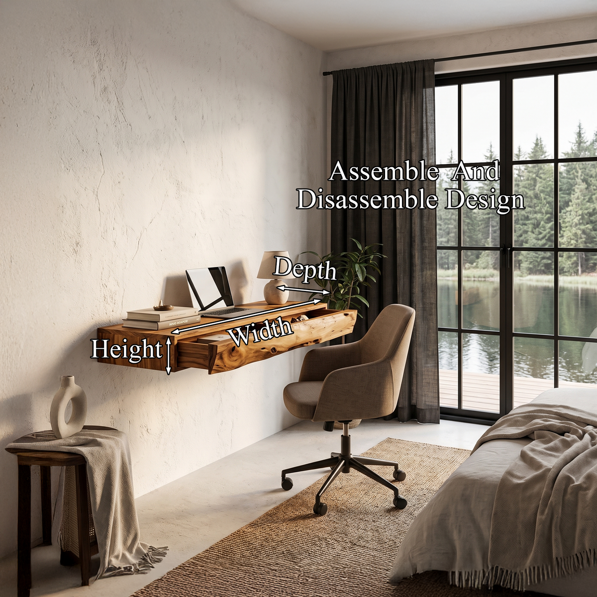 Rustic Floating Desk With Live Edge Design For Home Office And Workspace