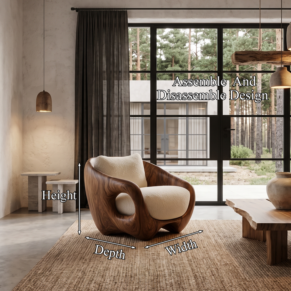Rustic Wood Lounge Chair With Wraparound Backrest For Reading Nook