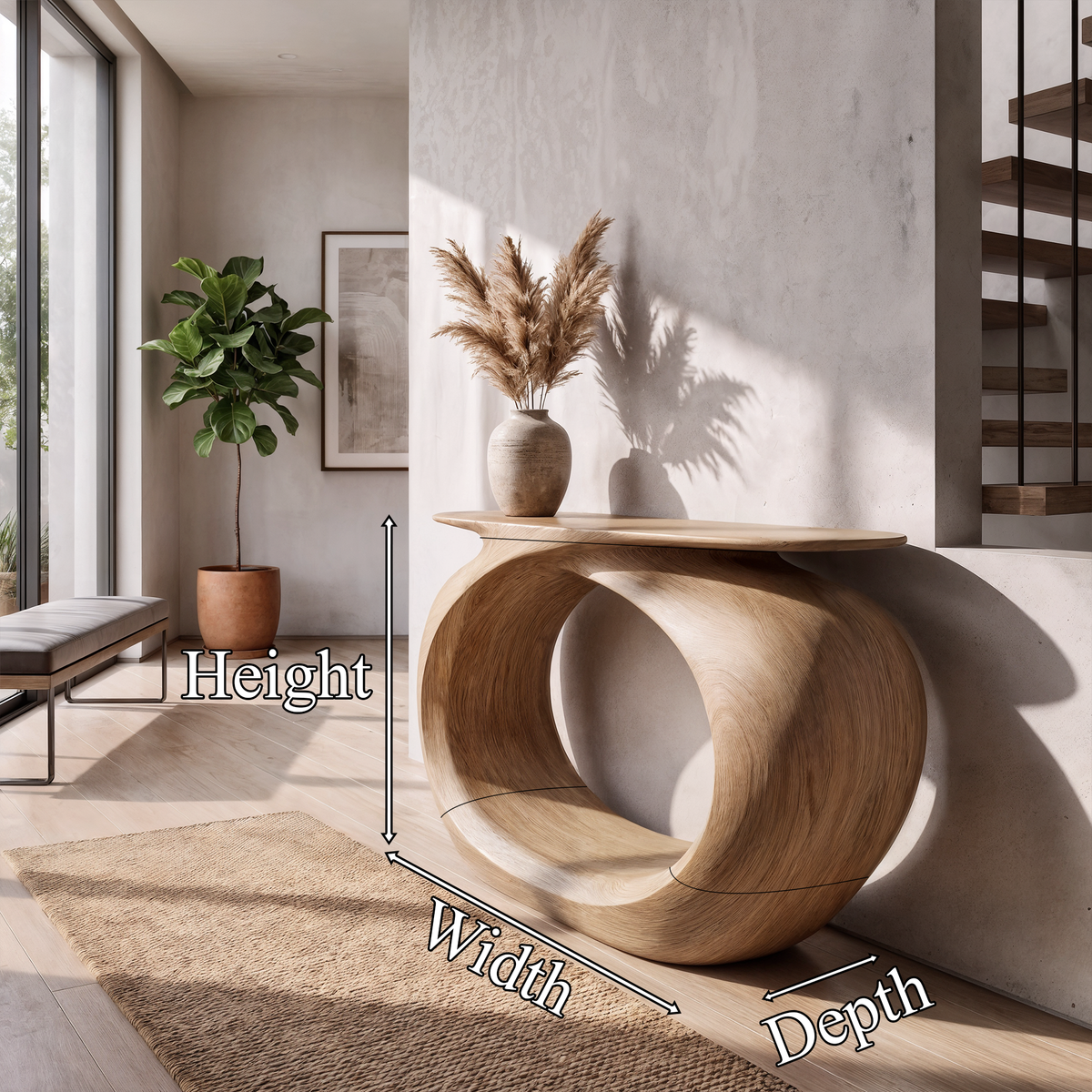 Rustic Sculptural Console Table Rounded Hollow Base For Entryway Foyer