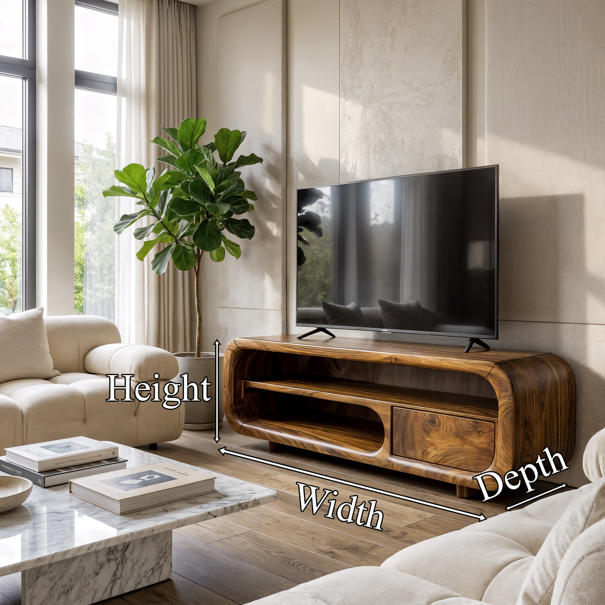 Natural Media Console With Flowing Loop Design For Living Room And Lounge