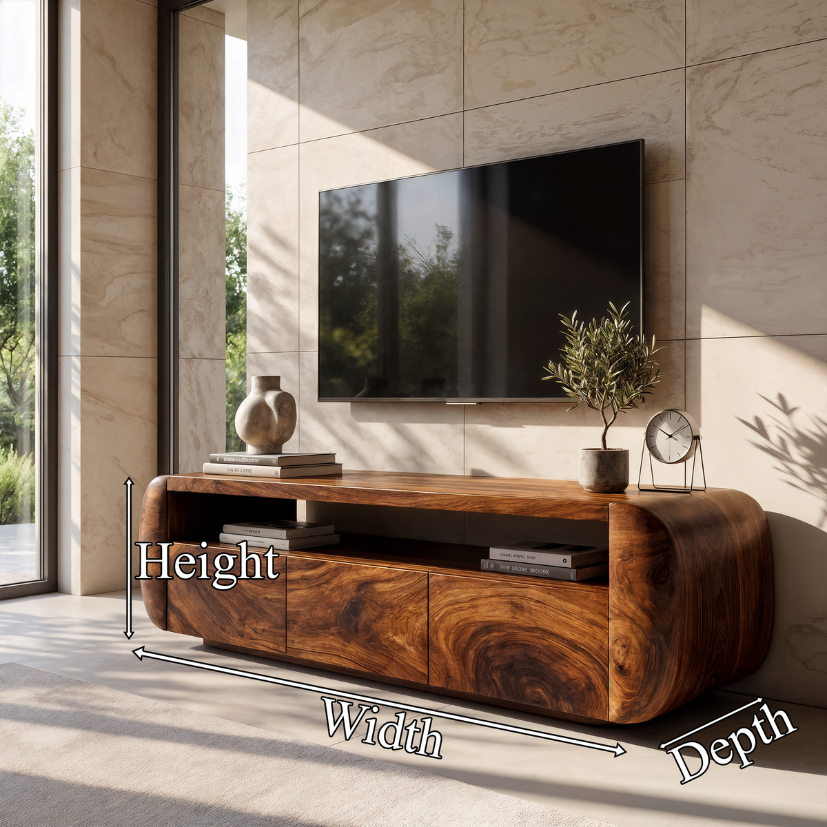 Contemporary TV Cabinet With Sculptural Wood Form For Living Room And Family Room