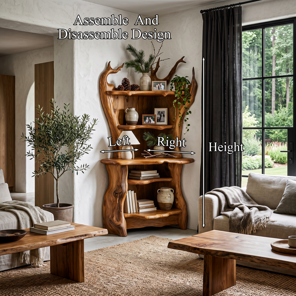 Rustic Corner Bookcase With Live Edge Shelves For Reading Nook