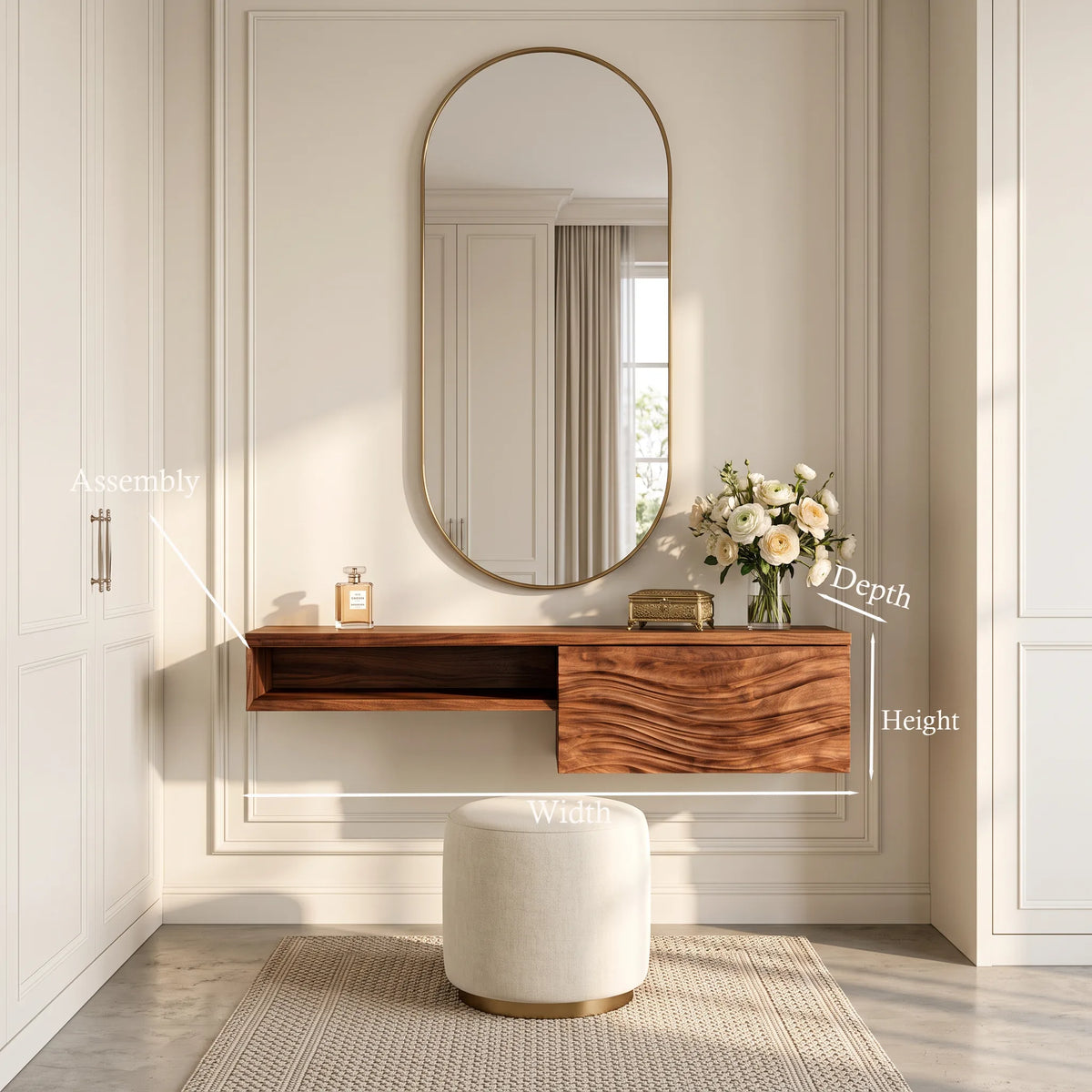Modern Floating Makeup Vanity Wave Carved Drawers For Bedroom