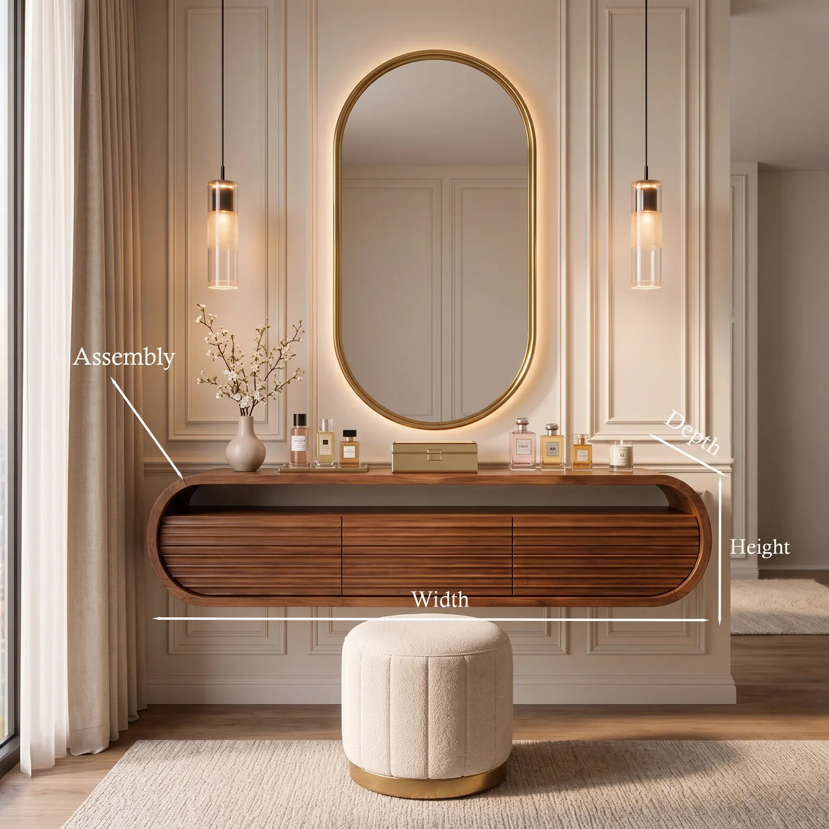 Modern Wall Mounted Dressing Table Carved Fluted Drawers For Bedroom