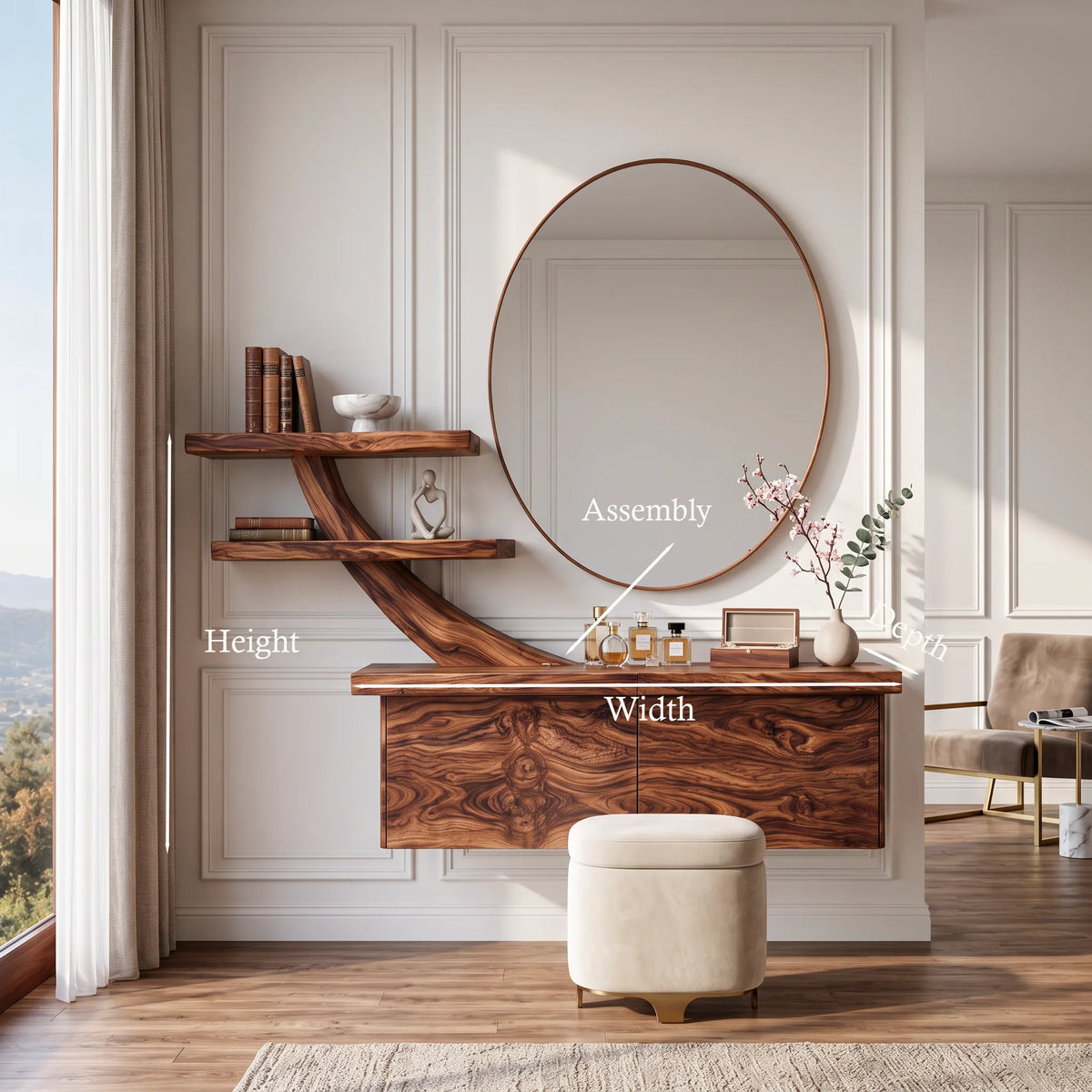 Contemporary Wall Mounted Dressing Table Sculptural Curved Shelving For Bedroom
