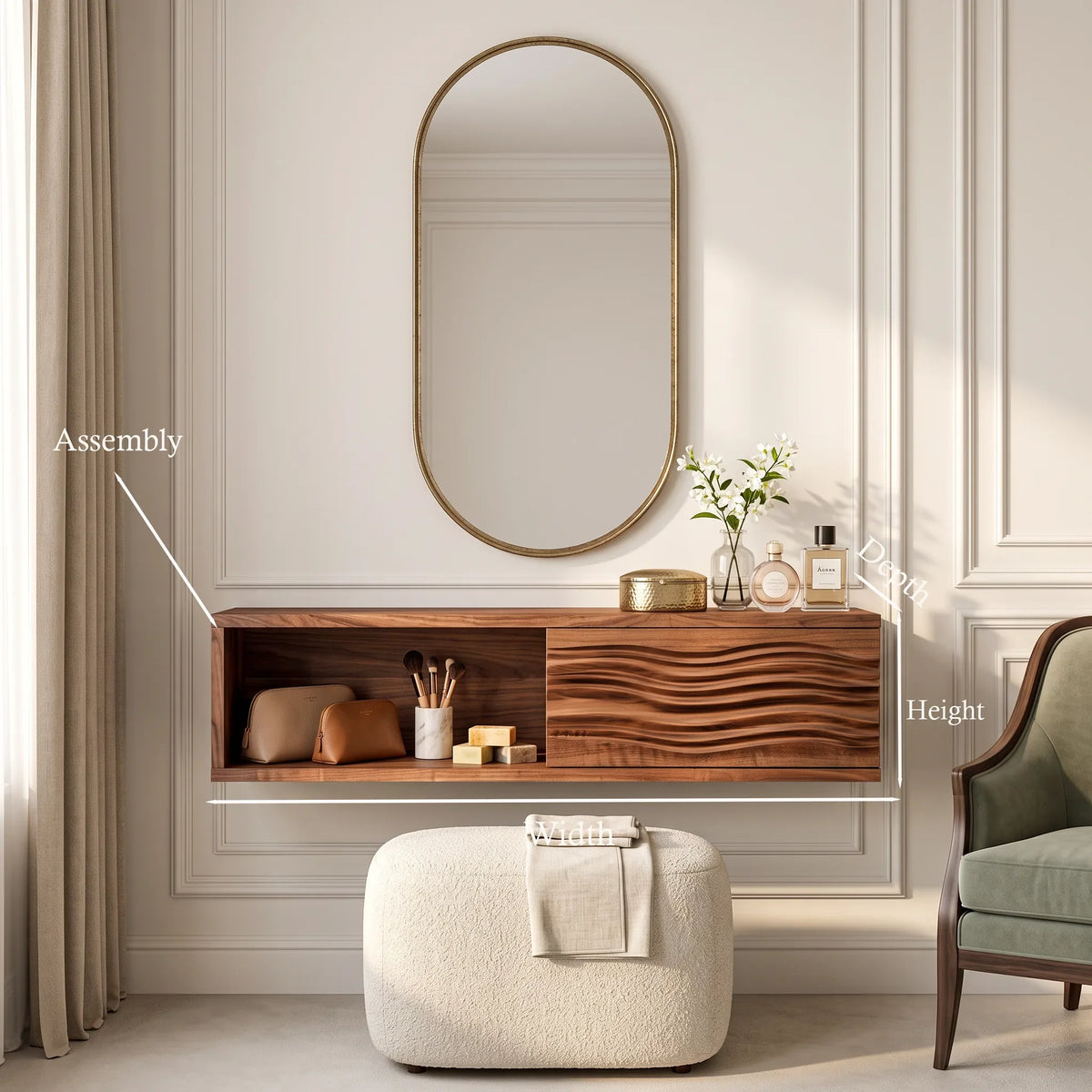 Modern Floating Makeup Vanity Ripple Carved Drawer Front For Bedroom