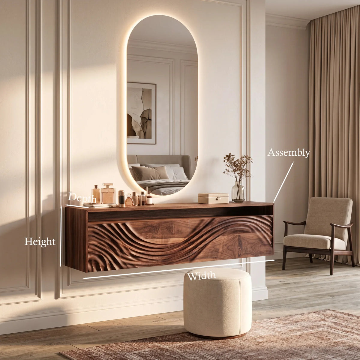 Contemporary Wall Mounted Makeup Vanity Relief Carved Drawers For Bedroom