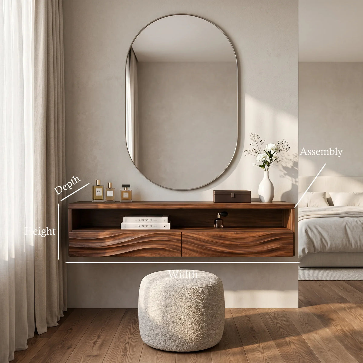 Contemporary Wall Mounted Dressing Table Flowing Relief Carved For Bedroom