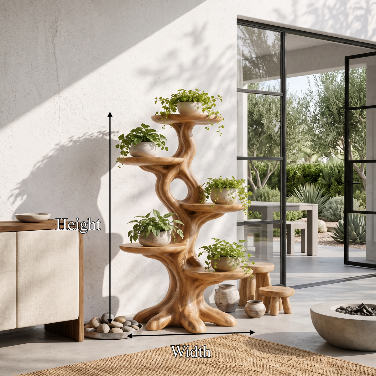 Natural Indoor Plant Stand With Flowing Tree Form For Living Room And Balcony