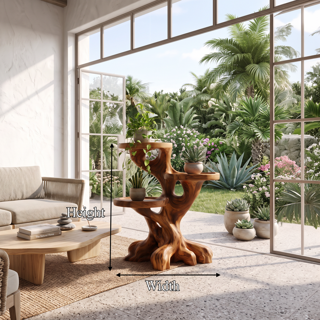 Rustic Indoor Plant Shelf With Tree Root Inspired Design For Living Room And Hallway