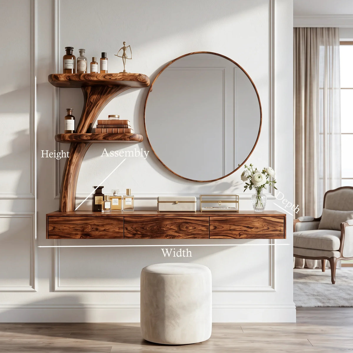 Contemporary Wall Mounted Dressing Table Curved Tree Form Shelving For Bedroom