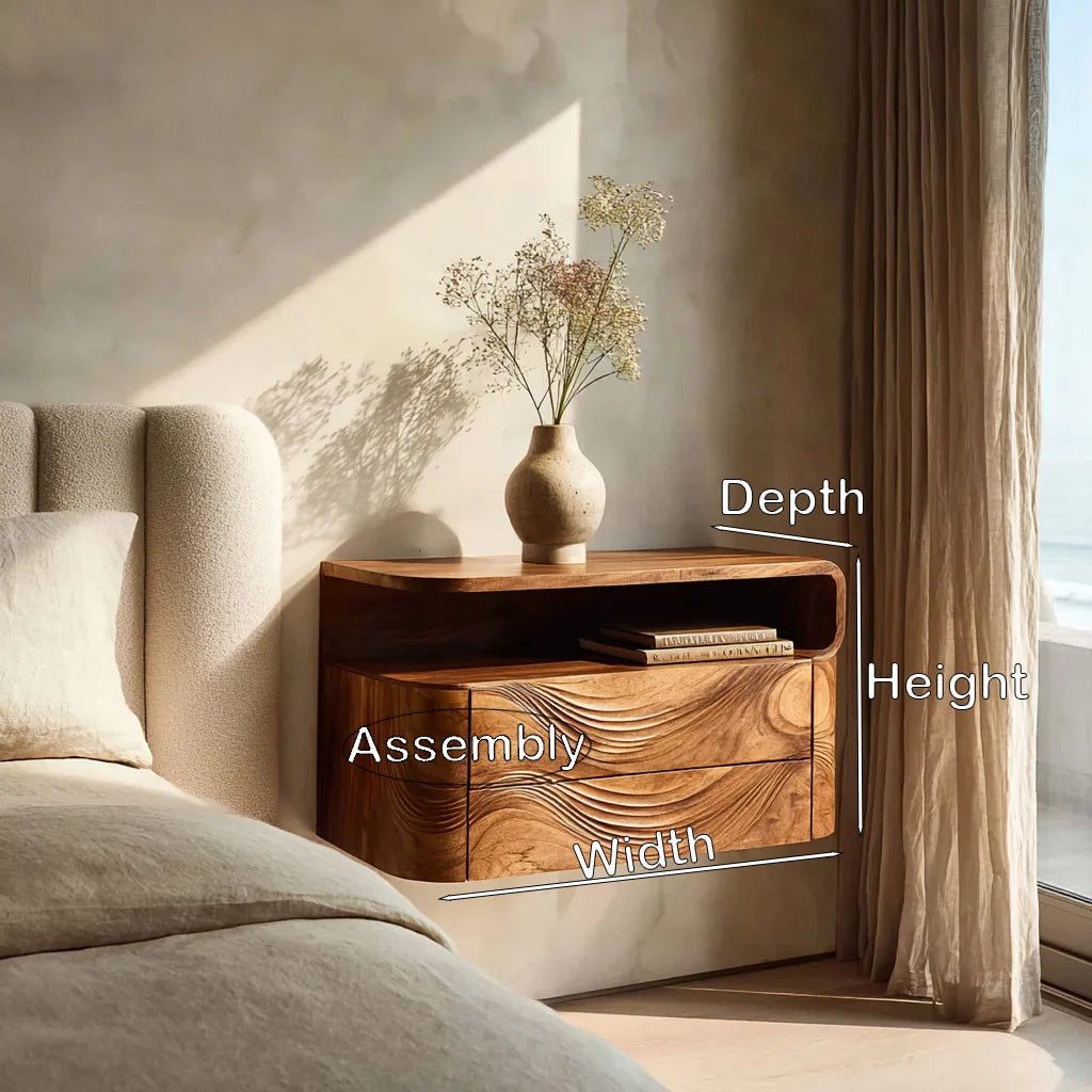 Contemporary Wave Carved Floating Nightstand For Bedroom