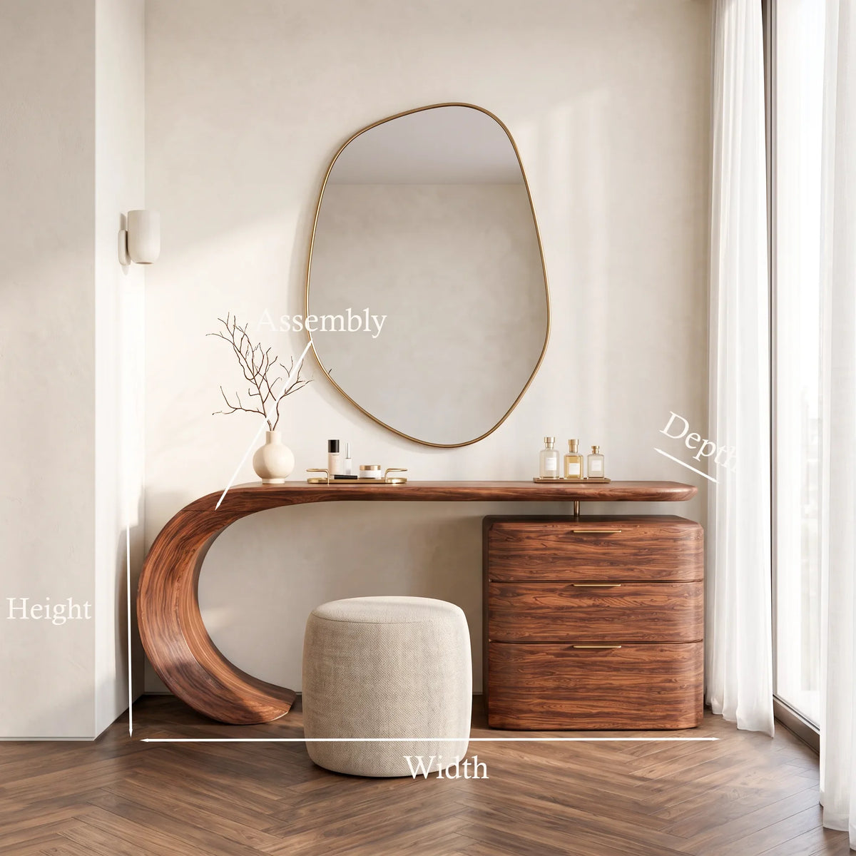 Modern Makeup Vanity Sculptural Curved Base For Luxury Bedroom