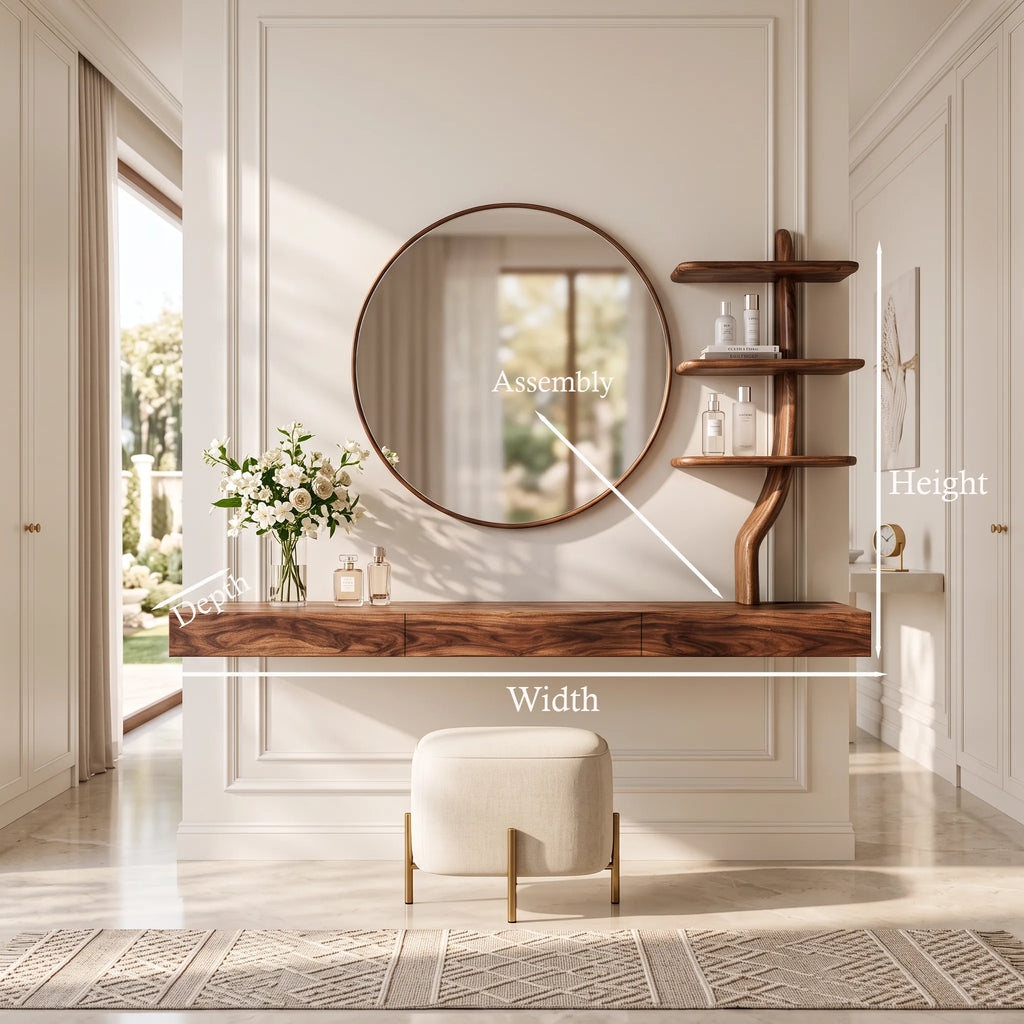 Wall Mounted Makeup Vanity With Tree Form Shelving For Bedroom