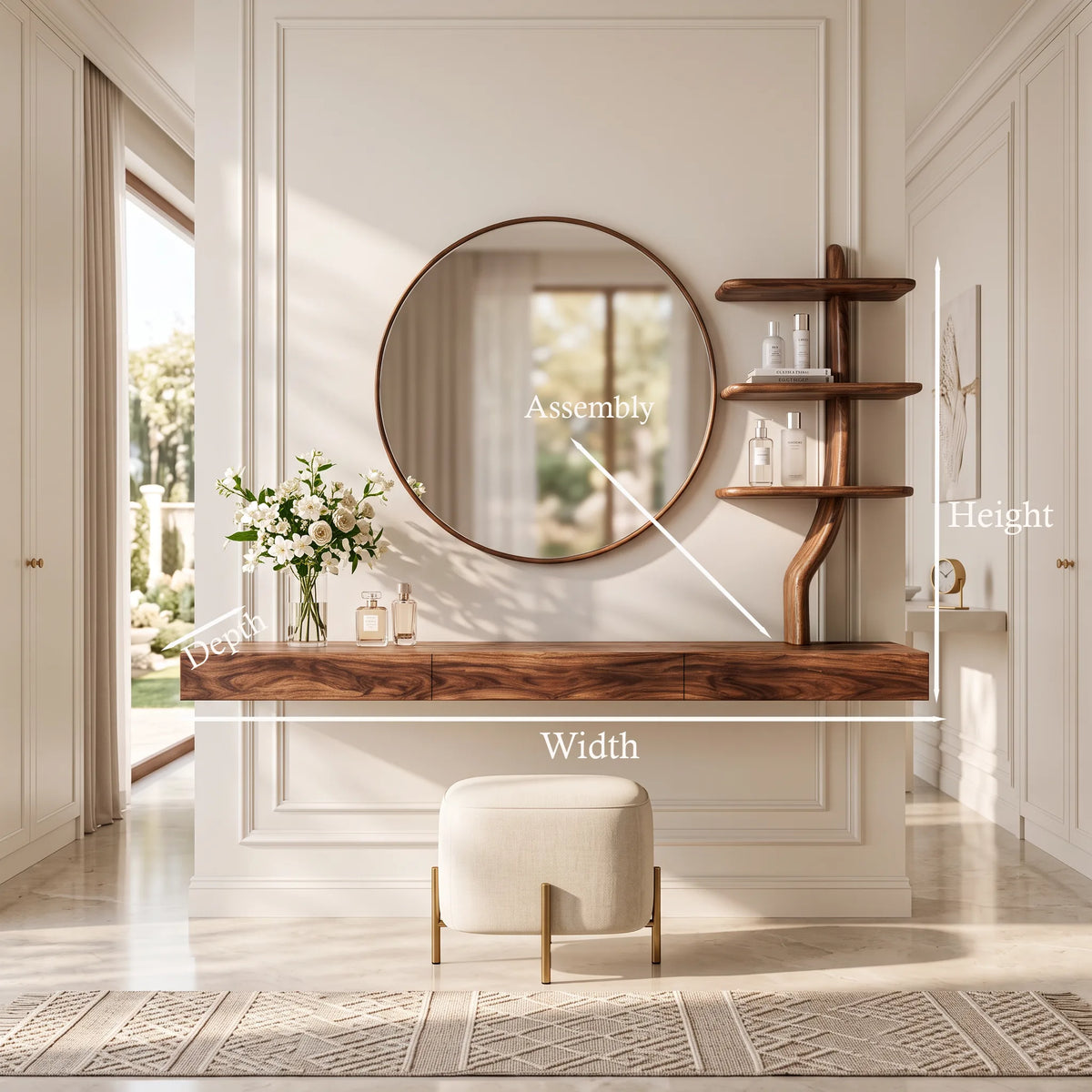 Wall Mounted Makeup Vanity With Tree Form Shelving For Bedroom