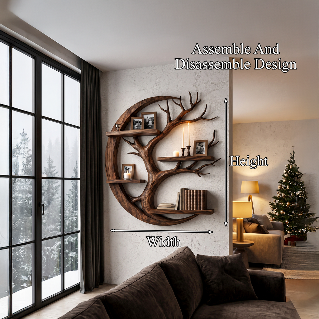 Rustic Floating Shelf With Tree Branch Wall Display For Living Room And Entryway