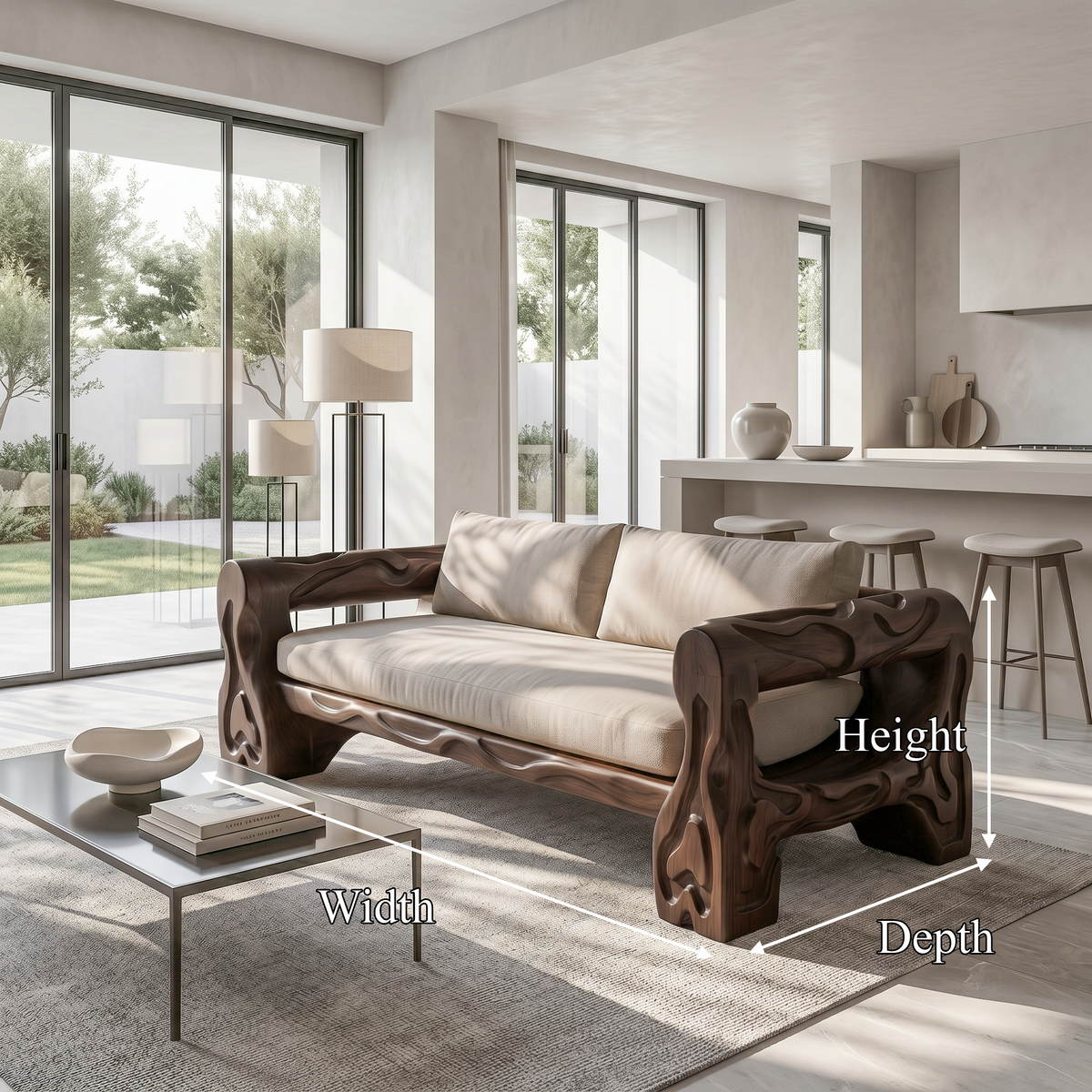 Organic Sofa Frame With Sculptural Open Loop Armrests For Living Room